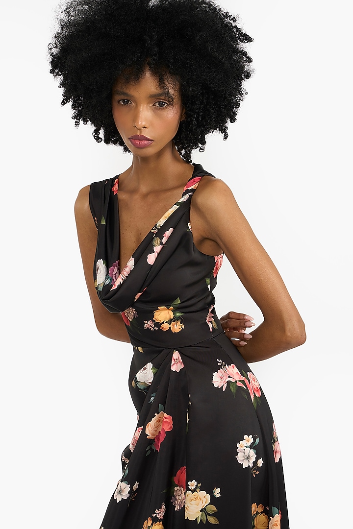 Black Satin Printed Asymmetrical Midi Cocktail Dress by Gauri And Nainika at Pernia's Pop Up Shop