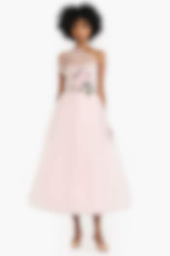 Candy Pink Tulle Botanical Embroidered Midi Party Wear Dress by Gauri And Nainika at Pernia's Pop Up Shop