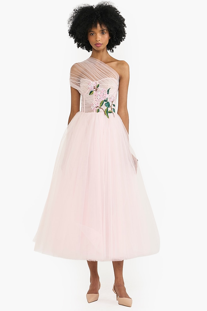 Candy Pink Tulle Botanical Embroidered Midi Party Wear Dress by Gauri And Nainika at Pernia's Pop Up Shop