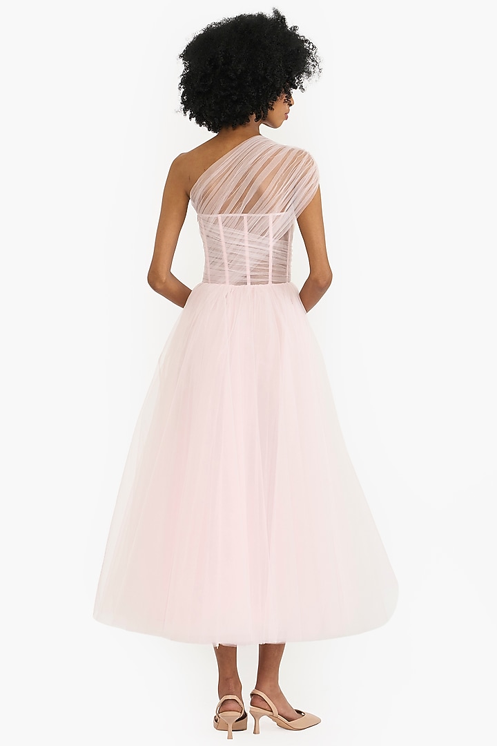 Candy Pink Tulle Botanical Embroidered Midi Party Wear Dress by Gauri And Nainika at Pernia's Pop Up Shop