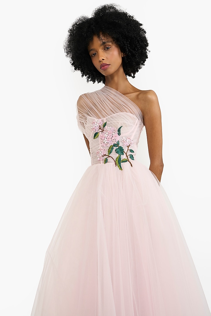 Candy Pink Tulle Botanical Embroidered Midi Party Wear Dress by Gauri And Nainika at Pernia's Pop Up Shop