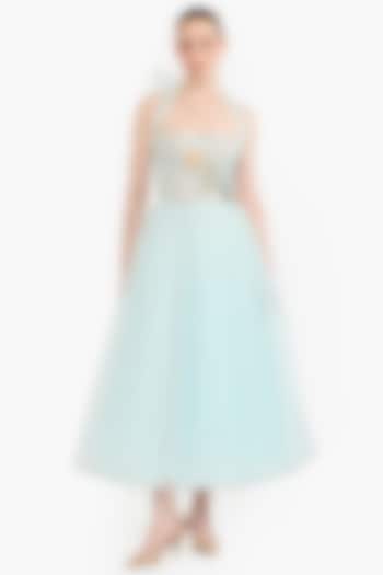 Light Blue Tulle Botanical Embroidered Corset Midi Party Wear Dress by Gauri And Nainika at Pernia's Pop Up Shop