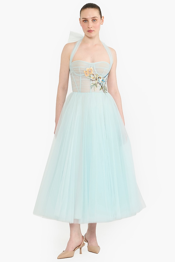 Light Blue Tulle Botanical Embroidered Corset Midi Party Wear Dress by Gauri And Nainika at Pernia's Pop Up Shop