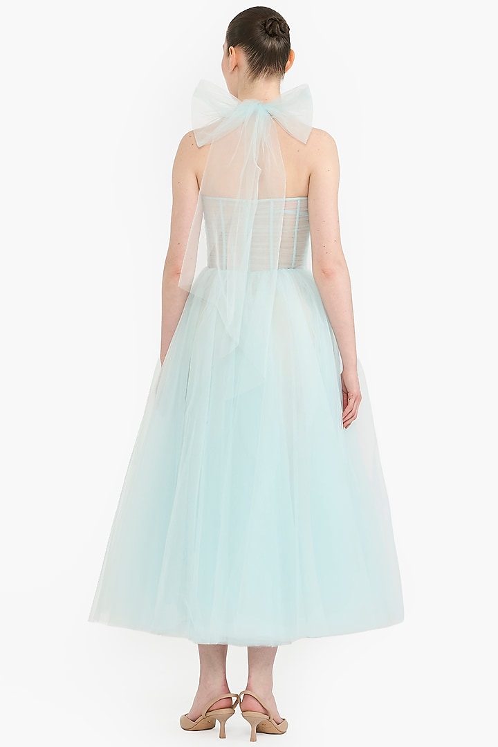 Light Blue Tulle Botanical Embroidered Corset Midi Party Wear Dress by Gauri And Nainika at Pernia's Pop Up Shop