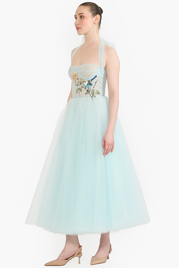 Light Blue Tulle Botanical Embroidered Corset Midi Party Wear Dress by Gauri And Nainika at Pernia's Pop Up Shop