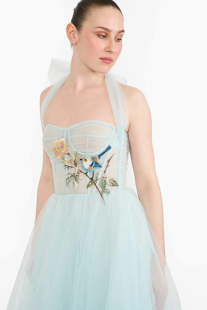 Light Blue Tulle Botanical Embroidered Corset Midi Party Wear Dress by Gauri And Nainika at Pernia's Pop Up Shop