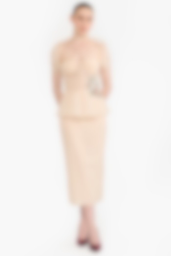 Peach Tulle Crystal Embellished Draped Pencil Party Wear Dress by Gauri And Nainika at Pernia's Pop Up Shop