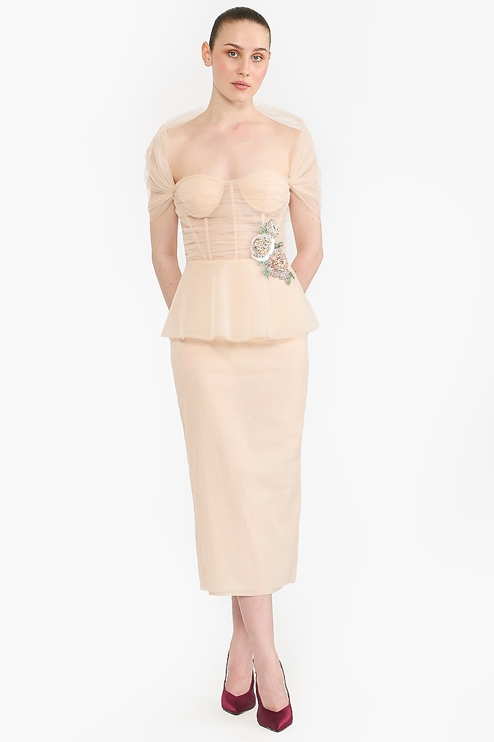 Peach Tulle Crystal Embellished Draped Pencil Party Wear Dress by Gauri And Nainika at Pernia's Pop Up Shop