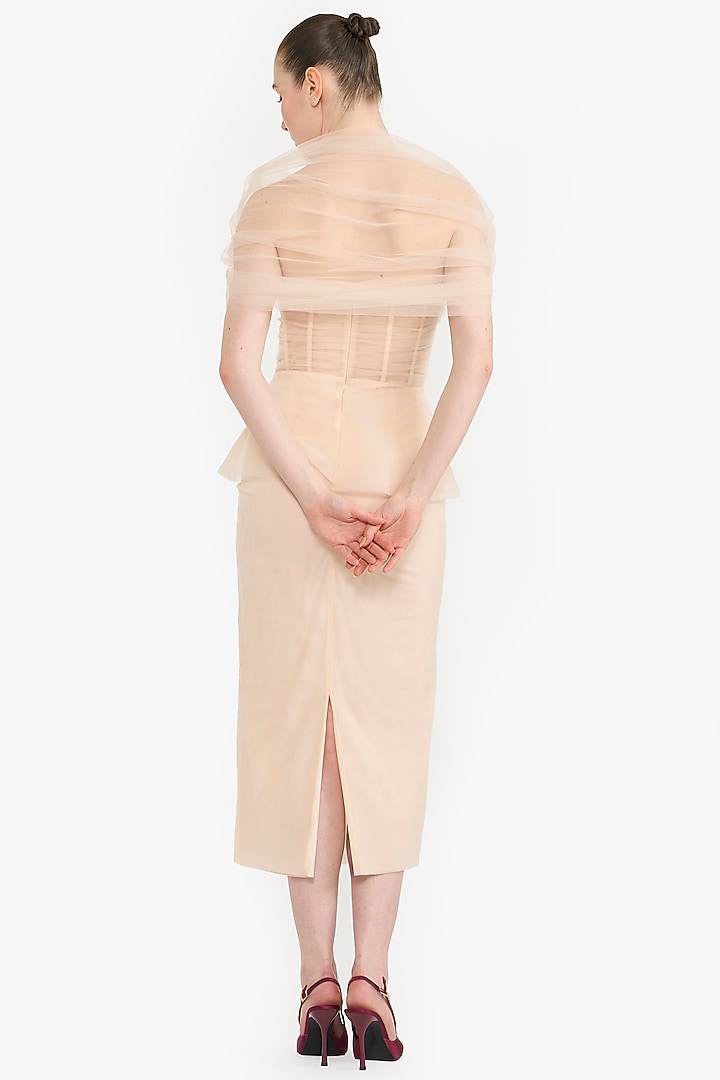 Peach Tulle Crystal Embellished Draped Pencil Party Wear Dress by Gauri And Nainika at Pernia's Pop Up Shop