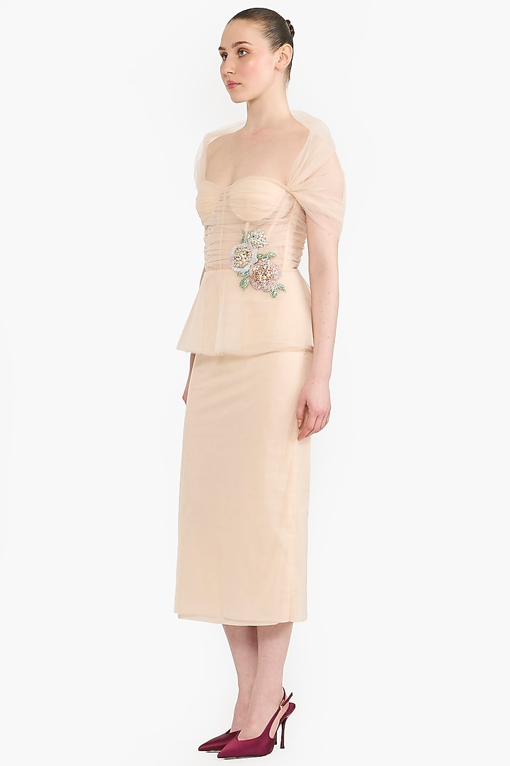 Peach Tulle Crystal Embellished Draped Pencil Party Wear Dress by Gauri And Nainika at Pernia's Pop Up Shop