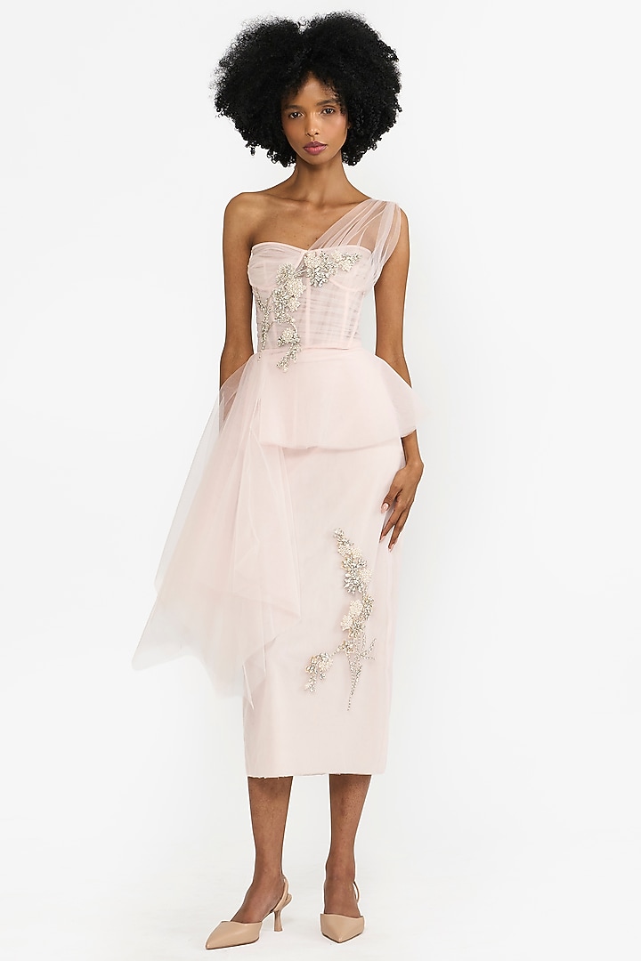 Light Pink Tulle Crystal Embellished Draped Pencil Party Wear Dress by Gauri And Nainika at Pernia's Pop Up Shop