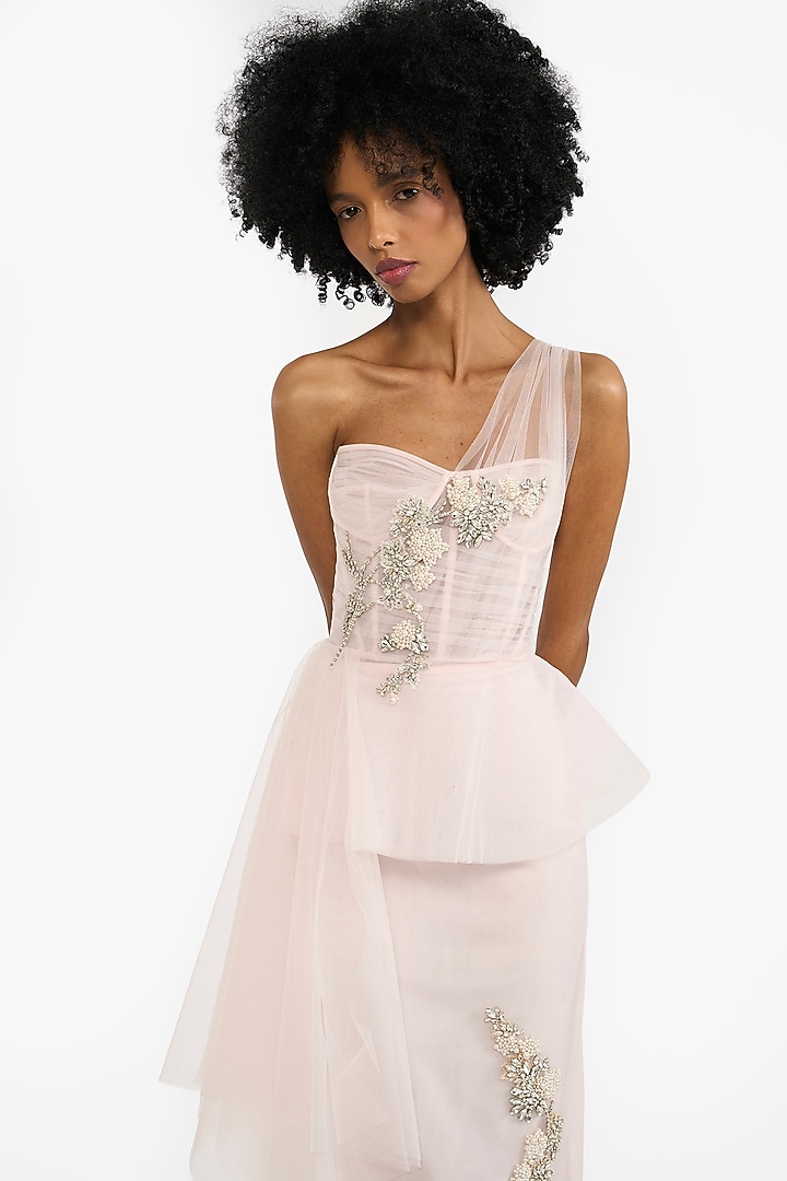 Light Pink Tulle Crystal Embellished Draped Pencil Party Wear Dress by Gauri And Nainika at Pernia's Pop Up Shop