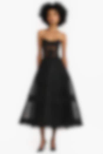 Black Tulle Strapless Corset Midi Party Wear Dress by Gauri And Nainika at Pernia's Pop Up Shop