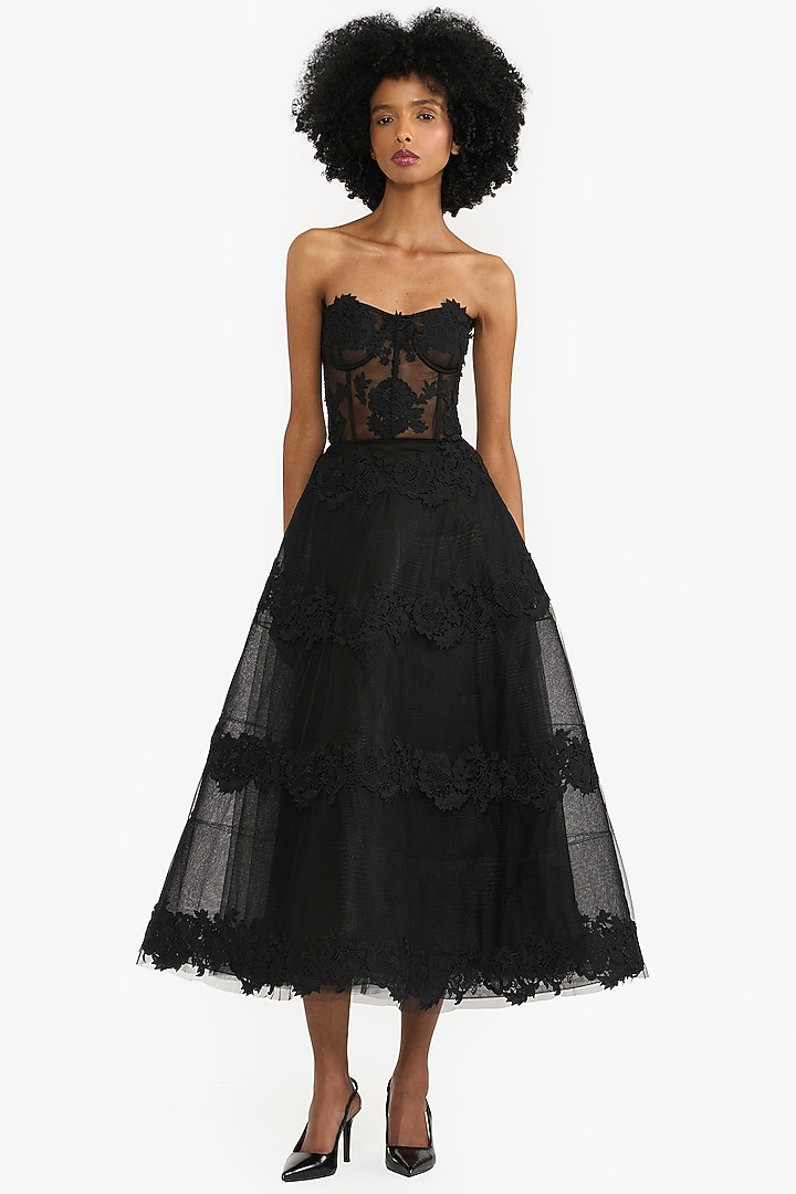 Black Tulle Strapless Corset Midi Party Wear Dress by Gauri And Nainika at Pernia's Pop Up Shop