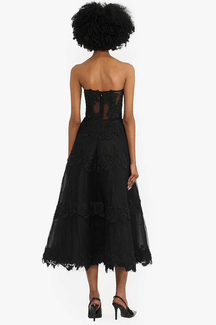 Black Tulle Strapless Corset Midi Party Wear Dress by Gauri And Nainika at Pernia's Pop Up Shop