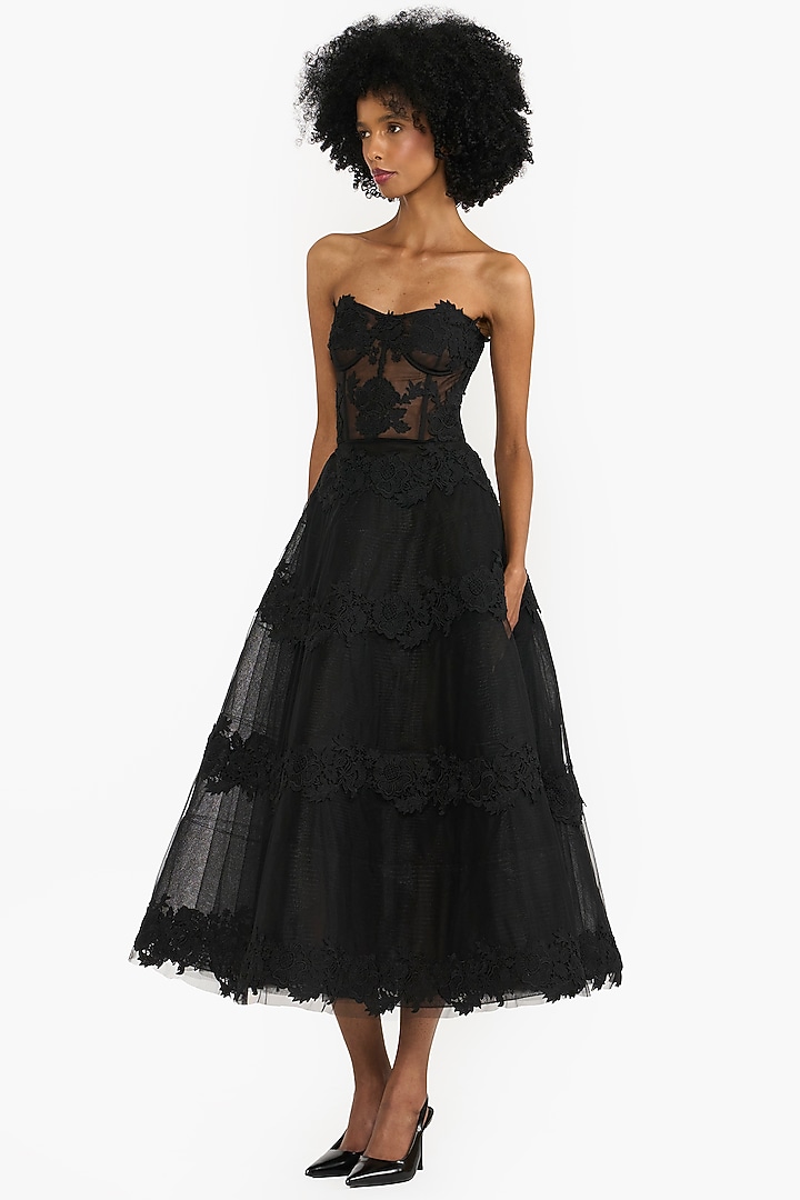 Black Tulle Strapless Corset Midi Party Wear Dress by Gauri And Nainika at Pernia's Pop Up Shop