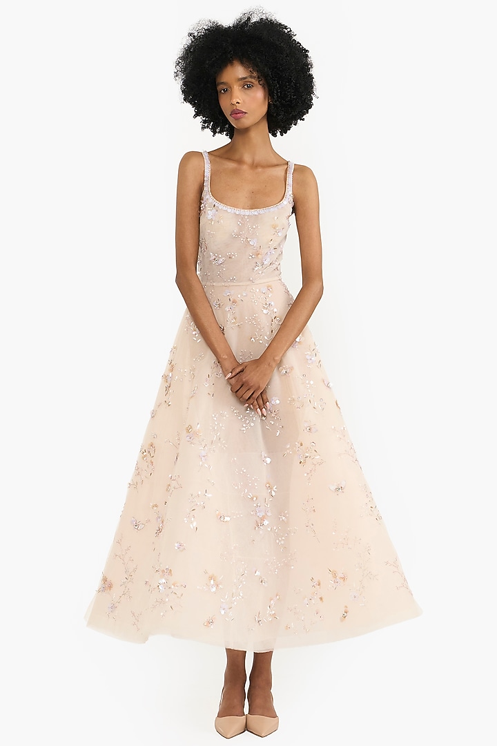Nude Tulle Floral Embroidered Midi Party Wear Dress by Gauri And Nainika at Pernia's Pop Up Shop