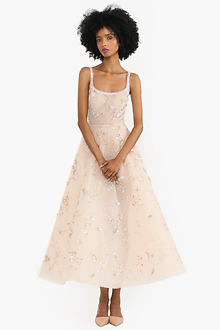 Nude Tulle Floral Embroidered Midi Dress by Gauri And Nainika