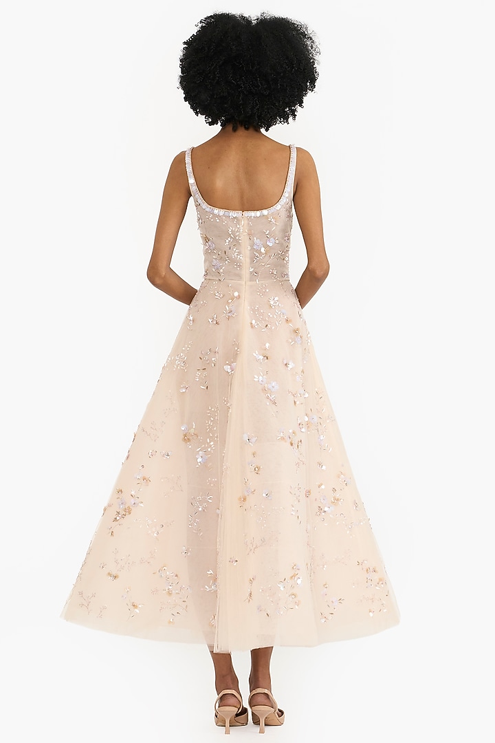 Nude Tulle Floral Embroidered Midi Party Wear Dress by Gauri And Nainika at Pernia's Pop Up Shop