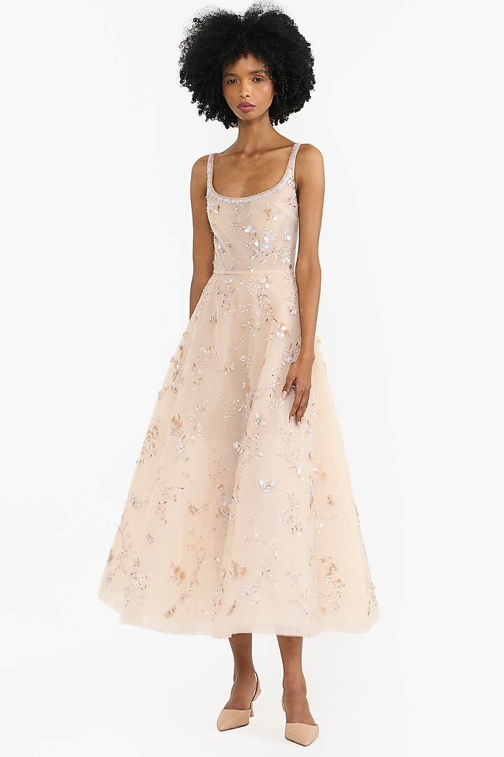 Nude Tulle Floral Embroidered Midi Party Wear Dress by Gauri And Nainika at Pernia's Pop Up Shop