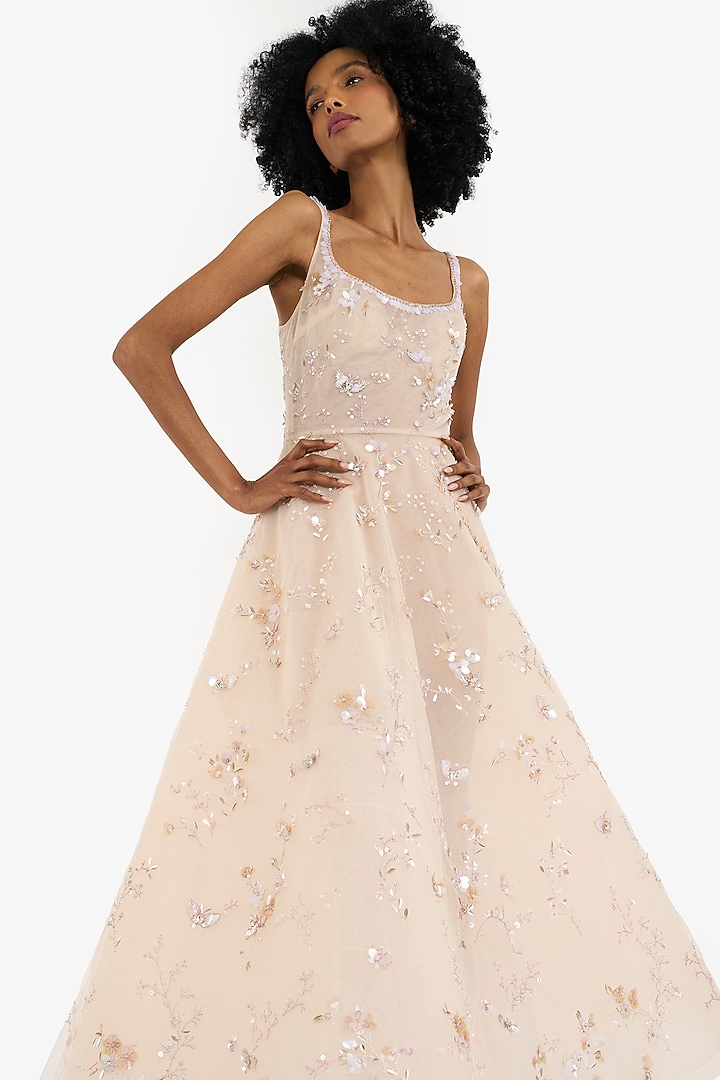 Nude Tulle Floral Embroidered Midi Party Wear Dress by Gauri And Nainika at Pernia's Pop Up Shop