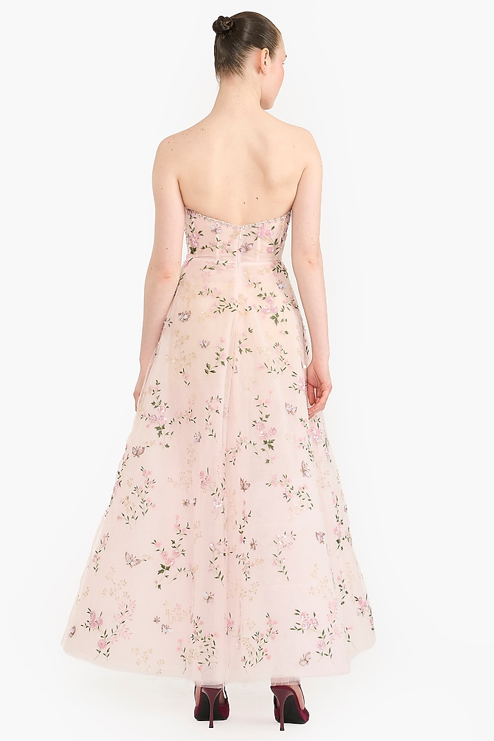 Light Pink Tulle Floral Embroidered Maxi Party Wear Dress by Gauri And Nainika at Pernia's Pop Up Shop