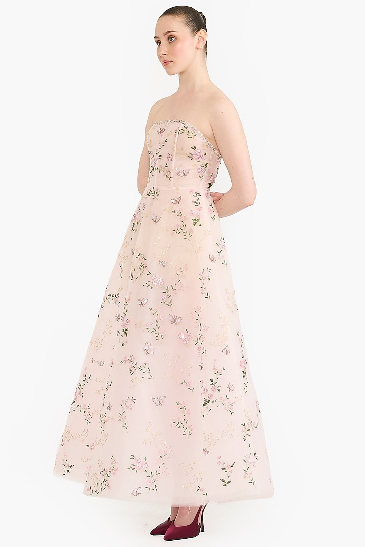 Light Pink Tulle Floral Embroidered Maxi Party Wear Dress by Gauri And Nainika at Pernia's Pop Up Shop