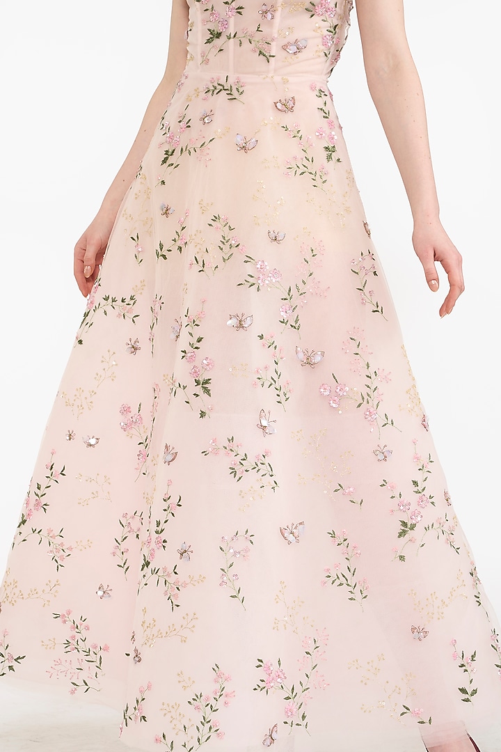 Light Pink Tulle Floral Embroidered Maxi Party Wear Dress by Gauri And Nainika at Pernia's Pop Up Shop