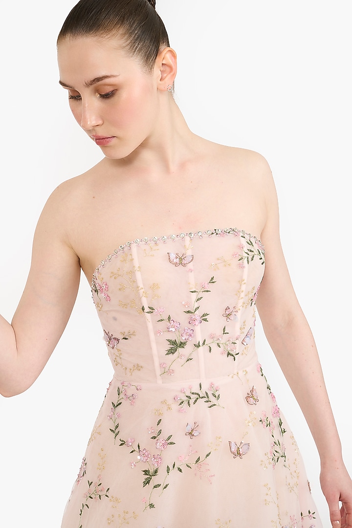 Light Pink Tulle Floral Embroidered Maxi Party Wear Dress by Gauri And Nainika at Pernia's Pop Up Shop