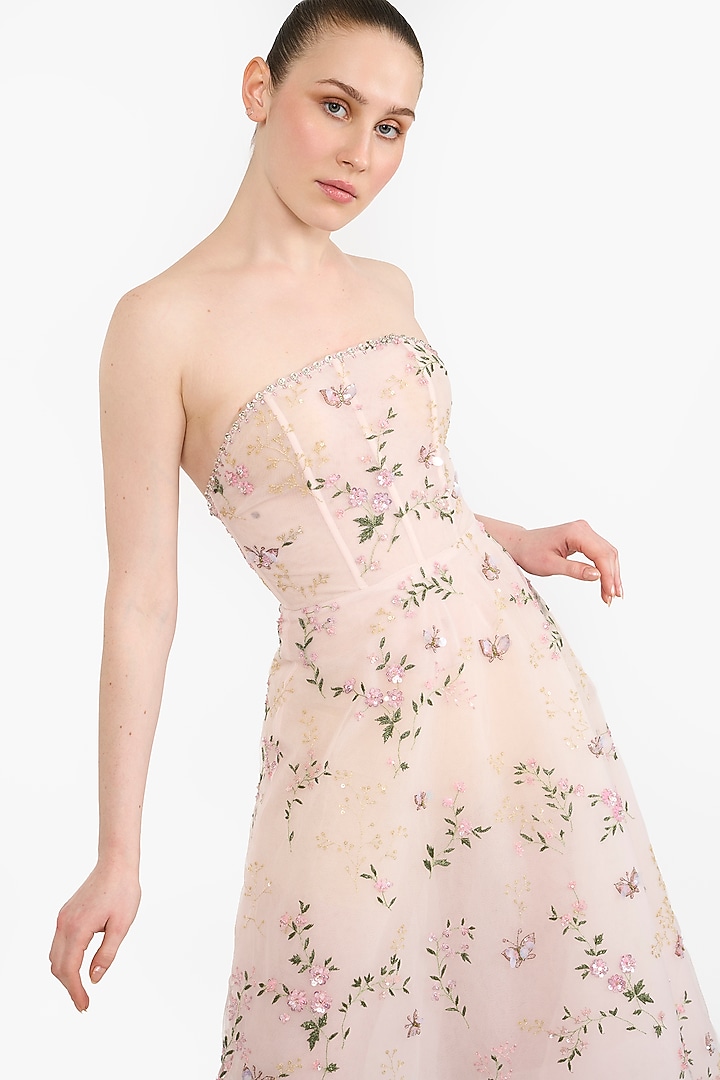Light Pink Tulle Floral Embroidered Maxi Party Wear Dress by Gauri And Nainika at Pernia's Pop Up Shop