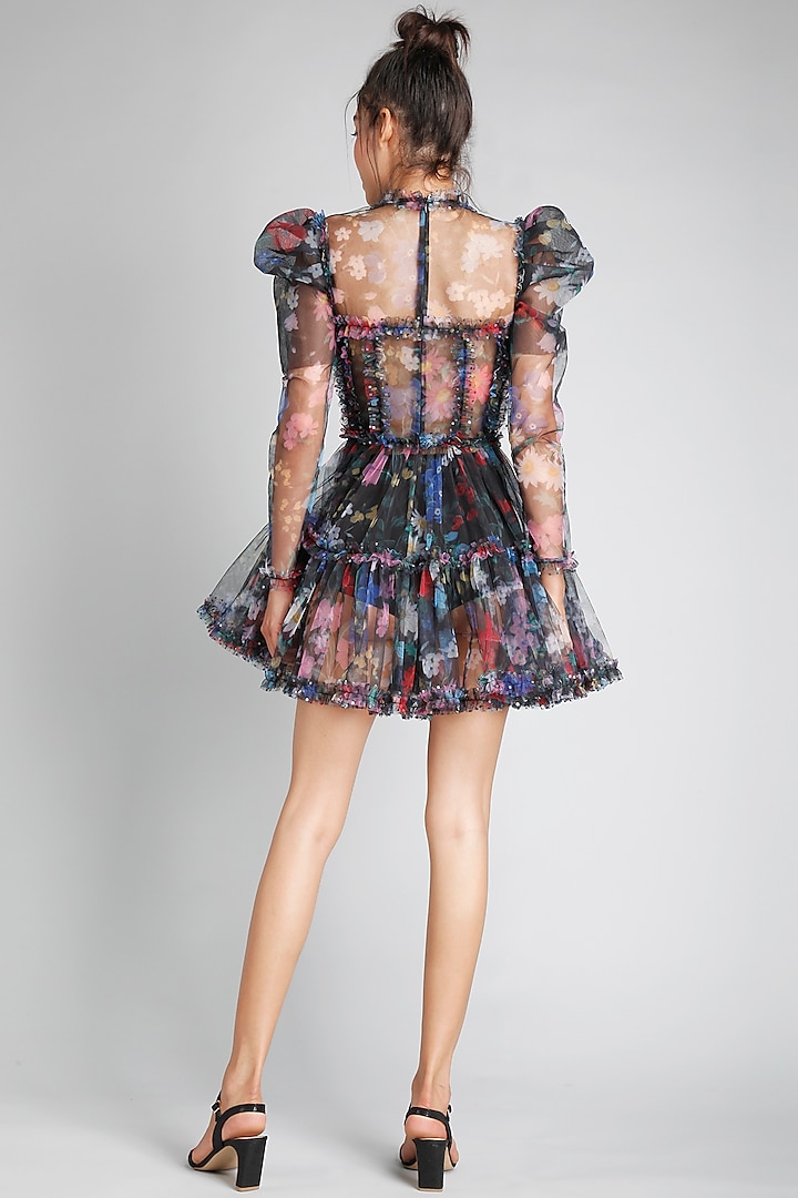 Black Net Printed Frill Mini Party Wear Dress by Gauri And Nainika at Pernia's Pop Up Shop
