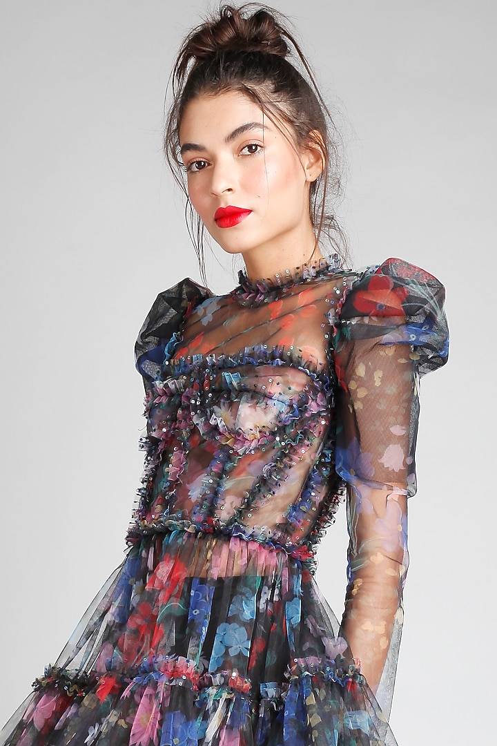 Black Net Printed Frill Mini Party Wear Dress by Gauri And Nainika at Pernia's Pop Up Shop
