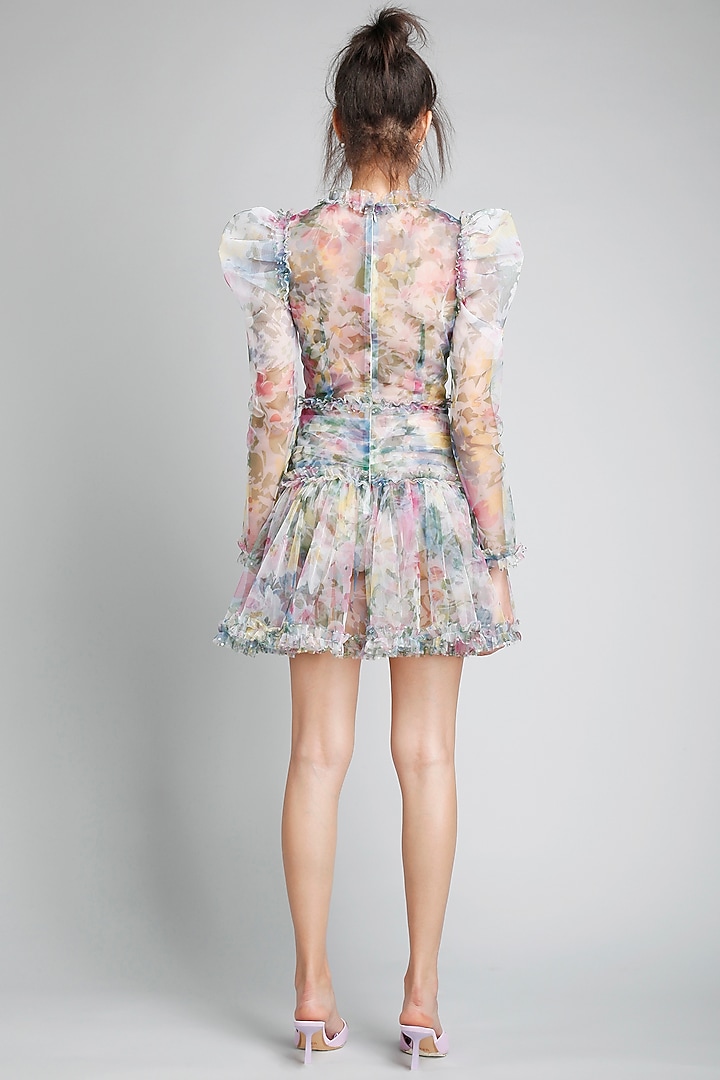 Monet-Colored Net Printed Frill Mini Party Wear Dress by Gauri And Nainika at Pernia's Pop Up Shop
