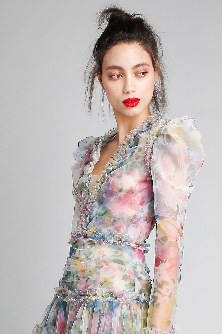Monet-Colored Net Printed Frill Mini Party Wear Dress by Gauri And Nainika at Pernia's Pop Up Shop
