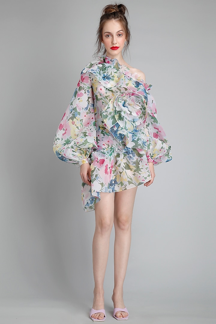 Monet-Colored Organza Printed One-Shoulder Mini Party Wear Dress by Gauri And Nainika at Pernia's Pop Up Shop