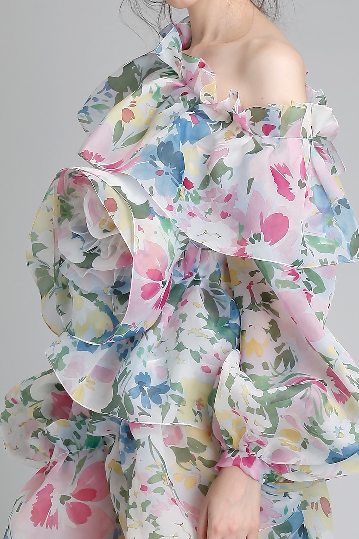 Monet-Colored Organza Printed One-Shoulder Mini Party Wear Dress by Gauri And Nainika at Pernia's Pop Up Shop
