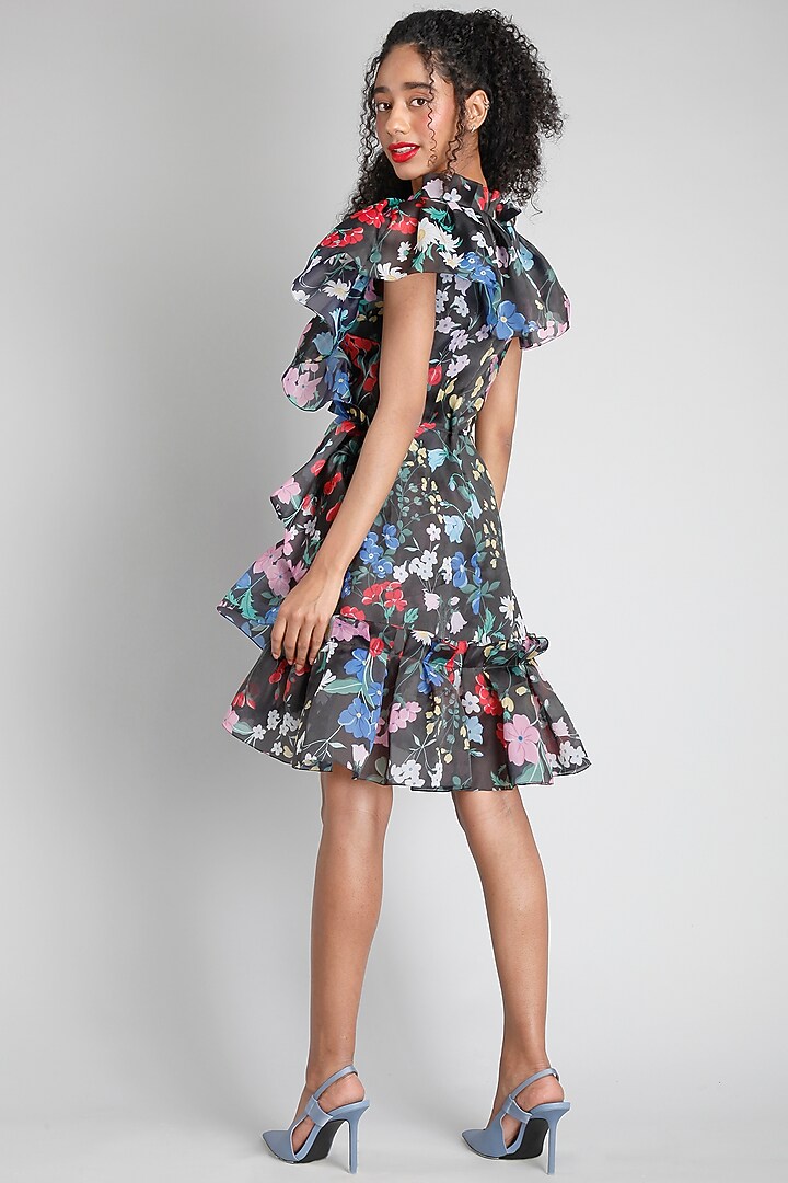 Black Organza Printed Mini Party Wear Dress by Gauri And Nainika at Pernia's Pop Up Shop