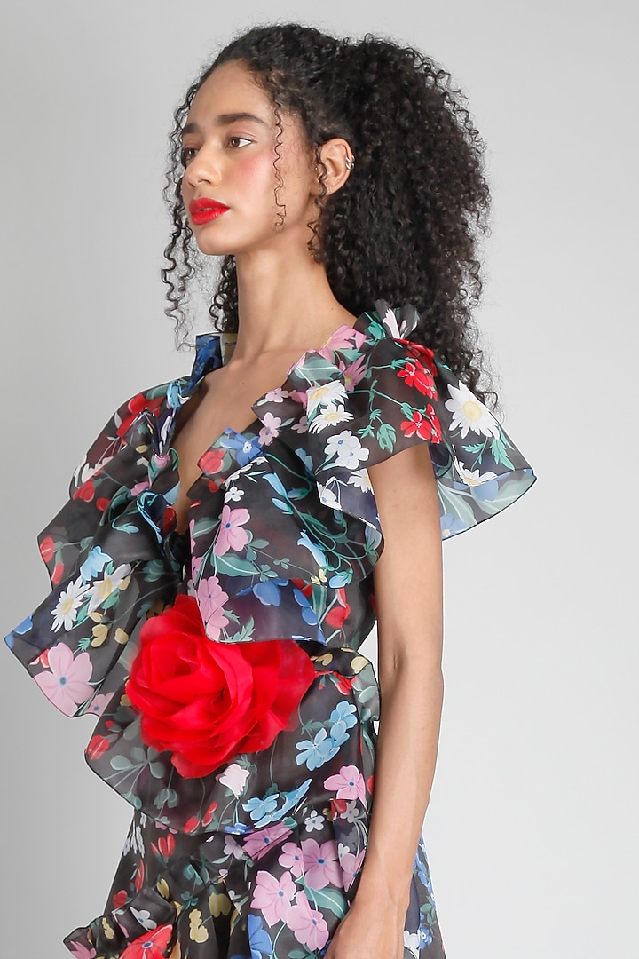 Black Organza Printed Mini Party Wear Dress by Gauri And Nainika at Pernia's Pop Up Shop
