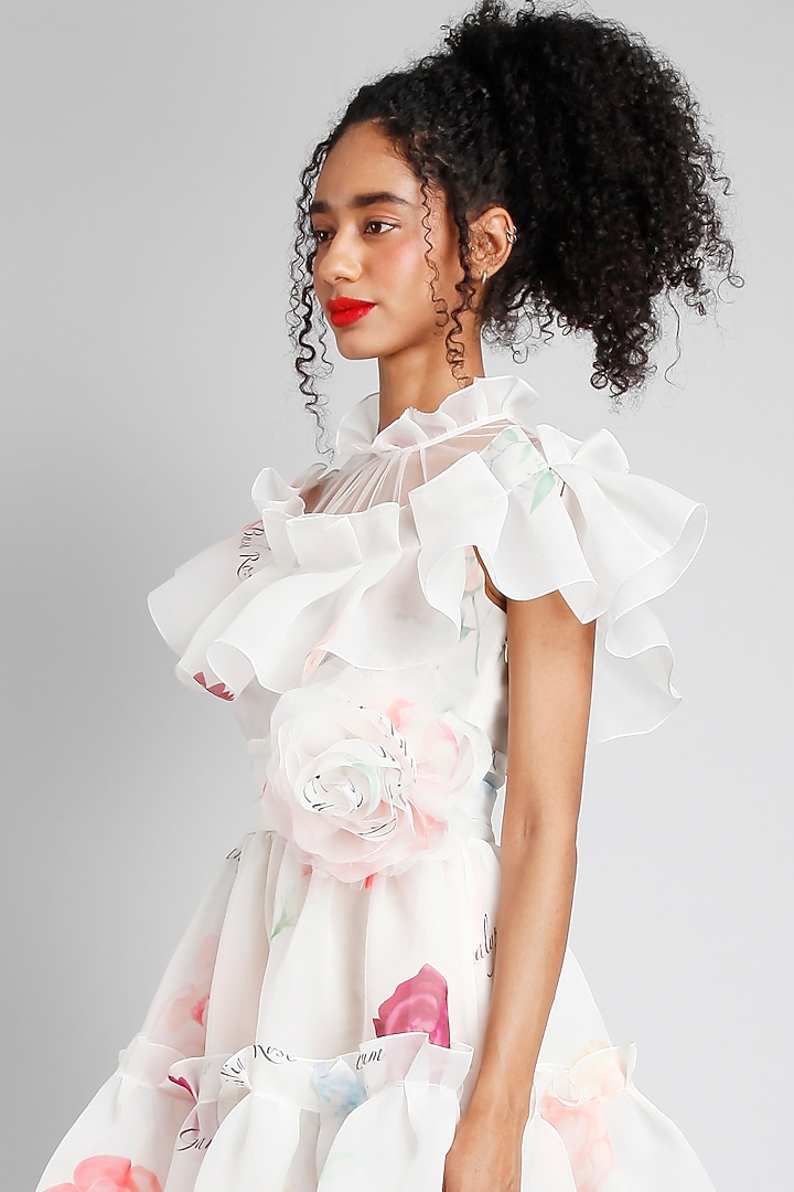 Cream Organza & Net Printed Mini Party Wear Dress by Gauri And Nainika at Pernia's Pop Up Shop
