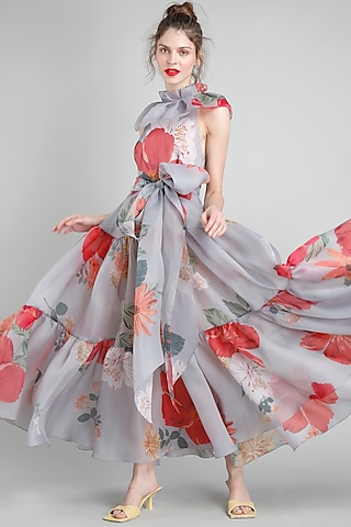Grey Organza Floral Printed Midi Dress by Gauri And Nainika
