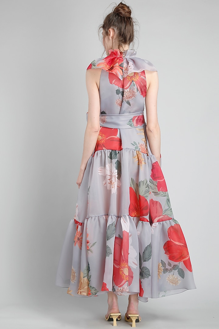 Grey Organza Floral Printed Midi Party Wear Dress by Gauri And Nainika at Pernia's Pop Up Shop