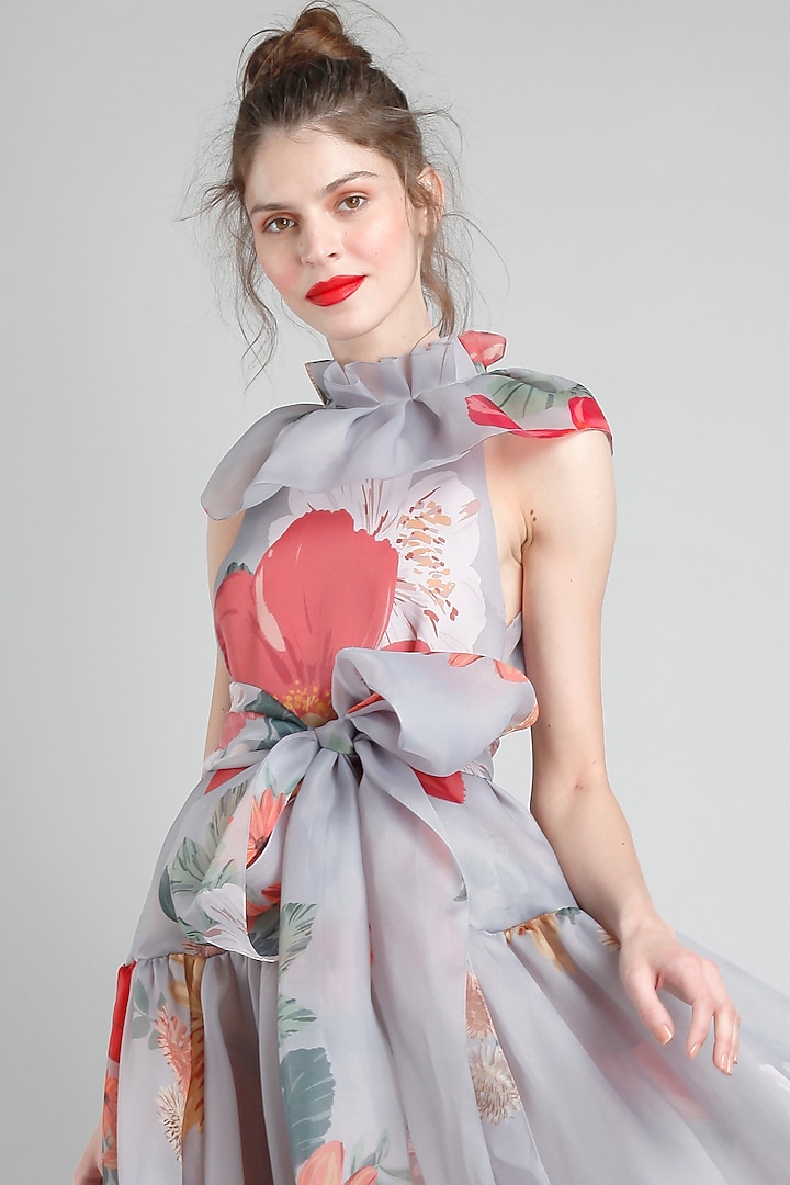 Grey Organza Floral Printed Midi Party Wear Dress by Gauri And Nainika at Pernia's Pop Up Shop