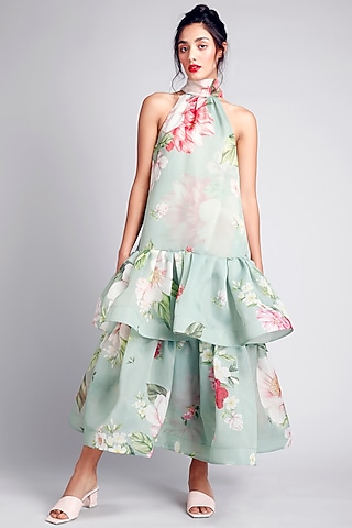 Green Organza Floral Printed Halter Dress by Gauri And Nainika