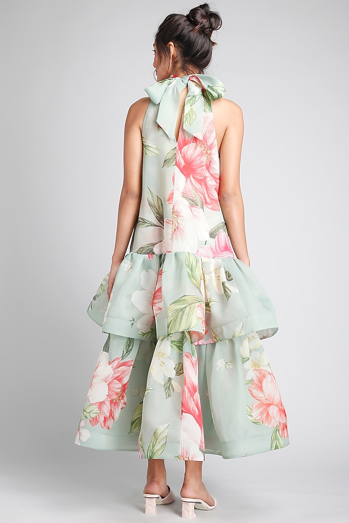 Green Organza Floral Printed Halter Party Wear Dress by Gauri And Nainika at Pernia's Pop Up Shop