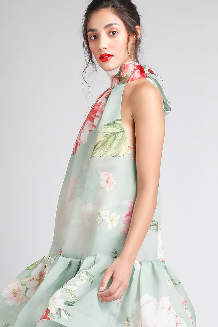Green Organza Floral Printed Halter Party Wear Dress by Gauri And Nainika at Pernia's Pop Up Shop