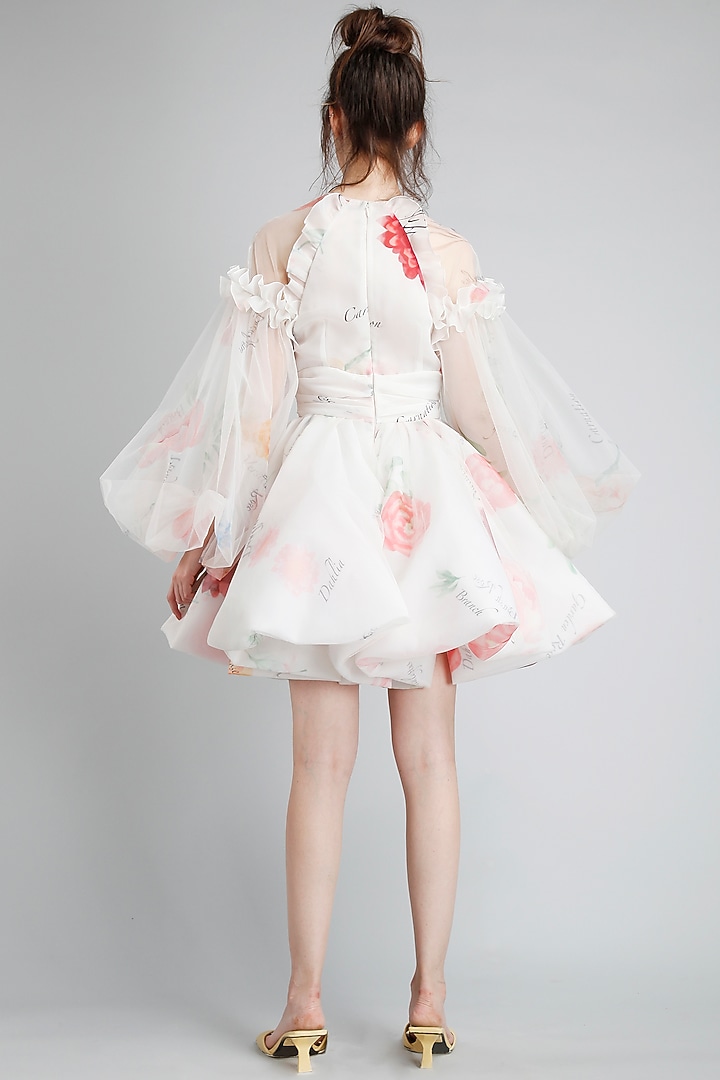 Cream Organza & Net Botanical Printed Mini Party Wear Dress by Gauri And Nainika at Pernia's Pop Up Shop