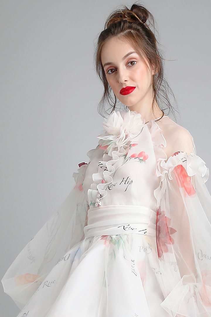Cream Organza & Net Botanical Printed Mini Party Wear Dress by Gauri And Nainika at Pernia's Pop Up Shop