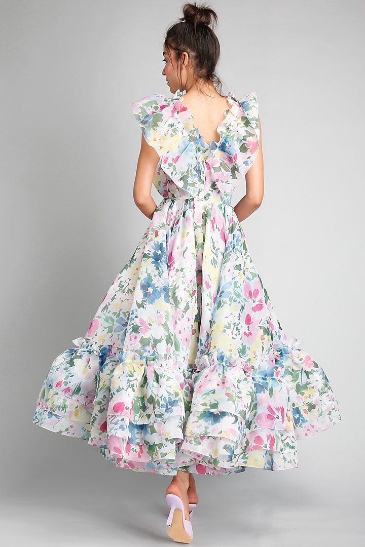 Monet-Colored Organza Printed Midi Party Wear Dress by Gauri And Nainika at Pernia's Pop Up Shop