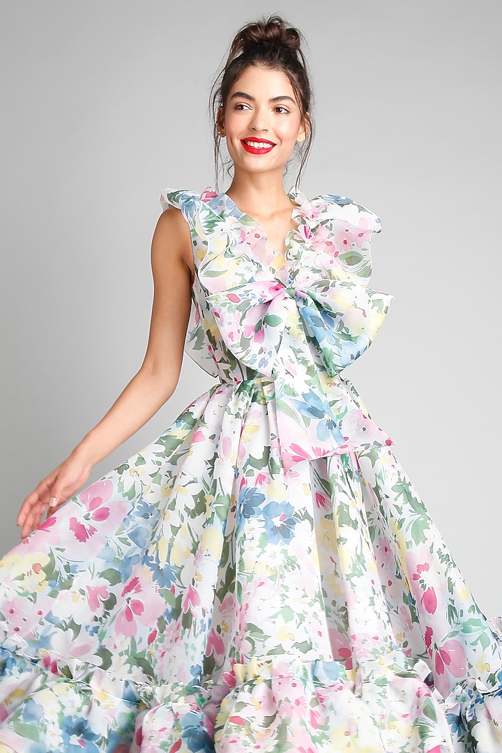 Monet-Colored Organza Printed Midi Party Wear Dress by Gauri And Nainika at Pernia's Pop Up Shop