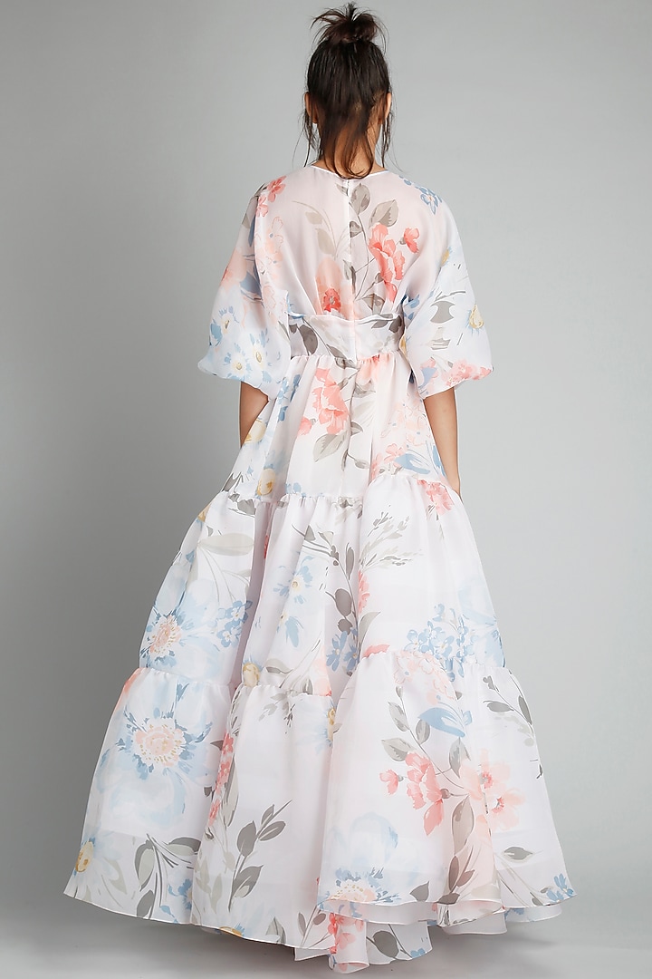 White Organza Floral Printed Maxi Party Wear Dress by Gauri And Nainika at Pernia's Pop Up Shop